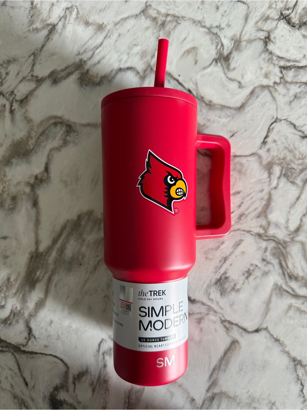Red Louisville Cardinals Travel Mug with Handle and Straw